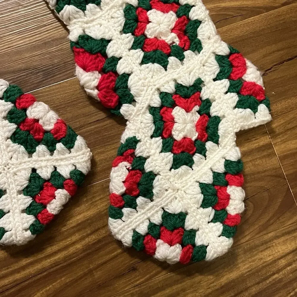 Vintage Lot of 3 Crochet Granny Square Christmas Stockings Red Green White Heels